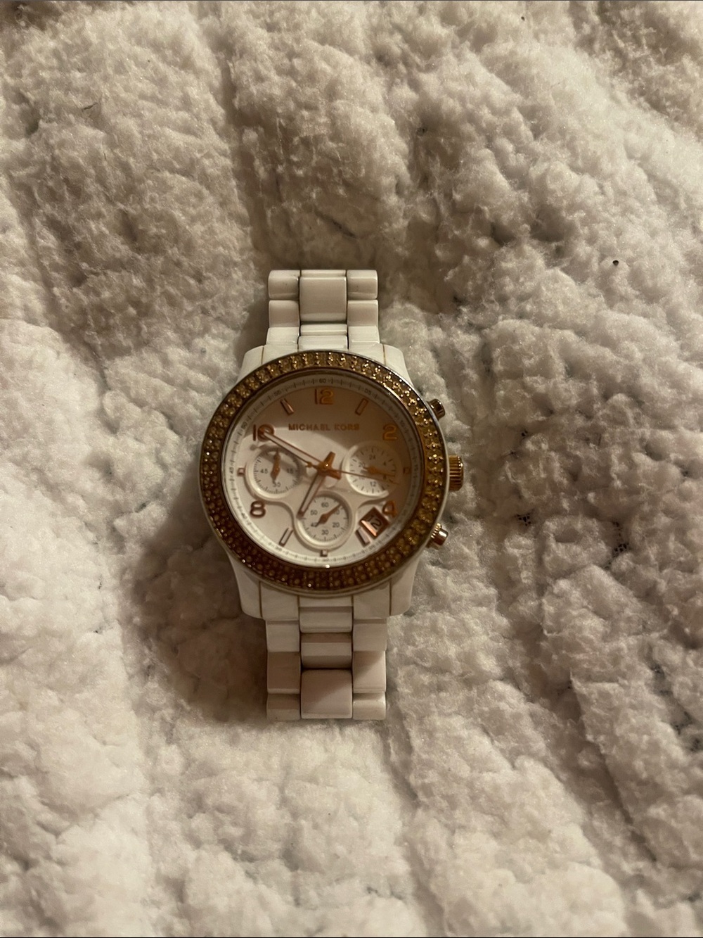 Vintage Michael Kors White Ceramic Watch with Gold Crystal Bezel